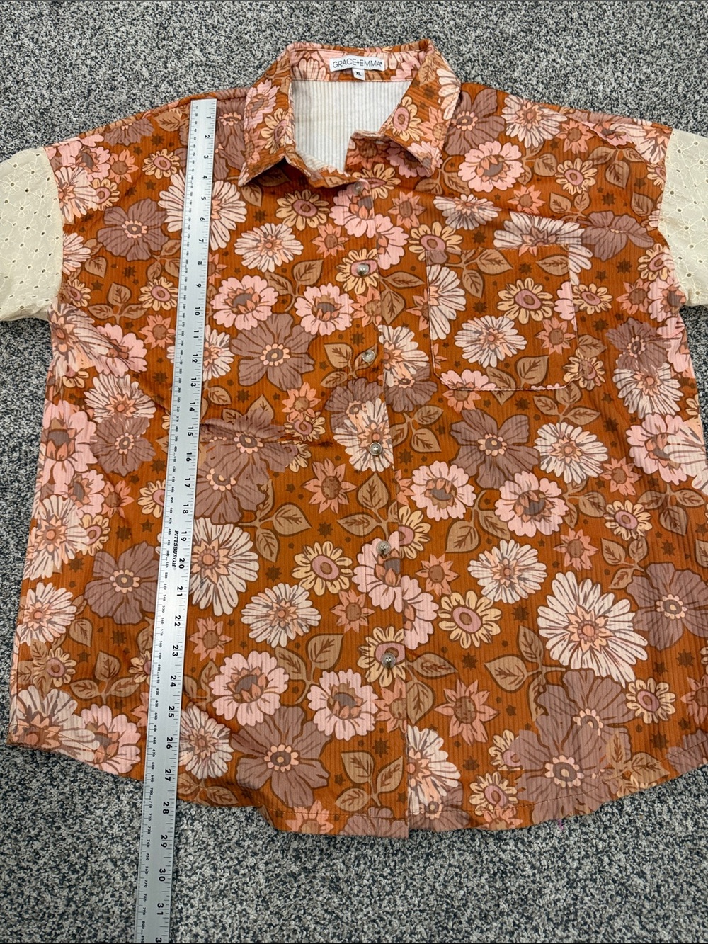 Grace + Emma Floral Retro Boho Ribbed Eyelet Button-Up Shirt in Rust Cream Sz XL - Picture 7 of 8